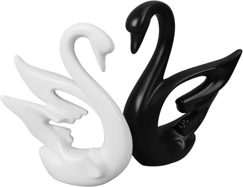 Miniatura 8 de Wnvivi 2 figuras de cisne, escultura de cisne de cerámica en blanco y negro, decoración moderna de cisne para pareja para dormitorio, estante