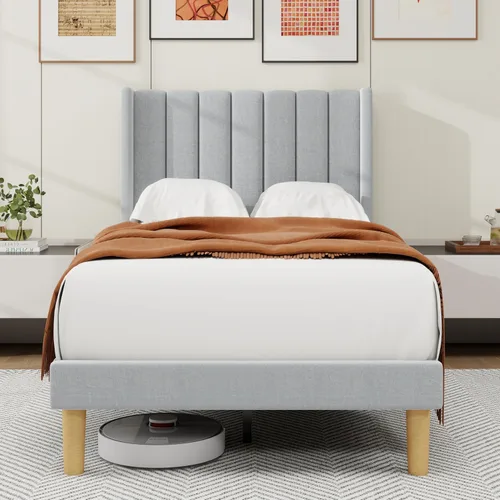 Miniatura 21 de alazyhome - Marco de cama tapizado de plataforma tamaño Queen con cabecera, soporte de listones de madera, sin ruido, fácil montaje, terciopelo beige