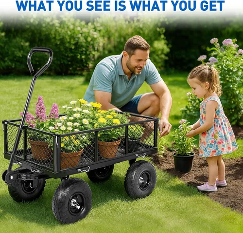 Miniatura 7 de Yesker Carros de Jardín de Acero – Vagón Volquete de 800 libras con Ruedas Inflables Todo Terreno para Patio, Césped, Granjas, Jardinería