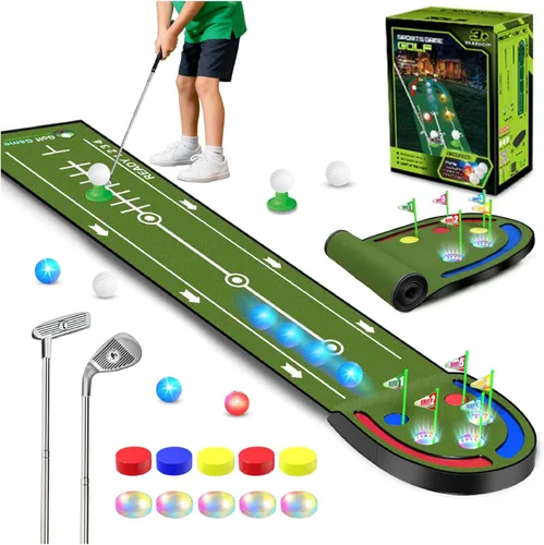 TERRAMUS Alfombra de Golf Mejorada para Niños, Verde de Golf de 2.37 m con Agujeros LED Iluminados, Bolas Luminosas, 2 Palos, Juego de Golf de