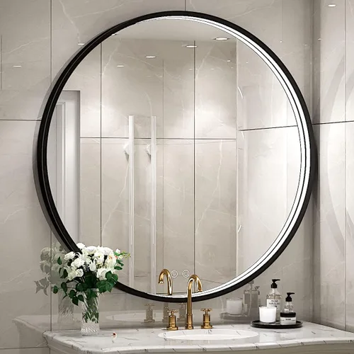 Miniatura 12 de Espejo de baño LED redondo de 36 pulgadas, espejo de tocador antivaho regulable con control táctil, luz natural de 6000 K, marco de metal negro
