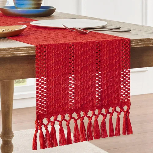 Miniatura 11 de ZeeMart Camino de mesa bohemio estilo macramé, caminos de mesa blancos de 108 pulgadas de largo, decoración del hogar tejido de granja, 12 x 108