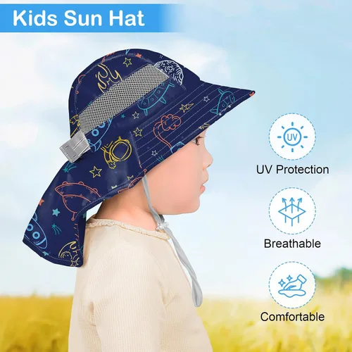 Miniatura 19 de Sombrero de sol para niños, protección UV, unicornio, verano, playa, jugar con ala ancha, solapa para el cuello para niñas y niños