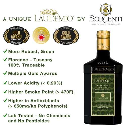 Miniatura 2 de Laudemio Sorgenti, Aceite de Oliva Extra Virgen Rico en Polifenoles de la Toscana +650 mg/kg, Cosecha Temprana Fresca 2024-2025, Premio de Oro