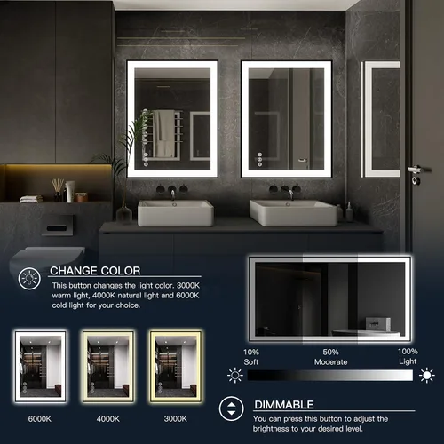 Miniatura 3 de ISKM Espejo LED con marco para baño de 40"x30", espejo de baño LED regulable con luces, antivaho, espejo iluminado frontal y retroiluminado de 3