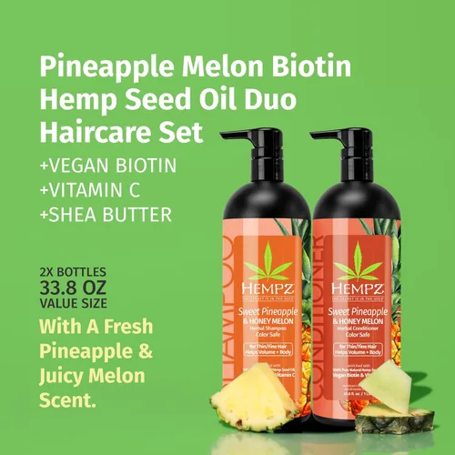 Miniatura 2 de HEMPZ Set de champú y acondicionador para el cabello, aroma dulce de piña y melón miel para cabello fino/seco fino, dañado y tratado