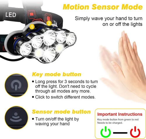 Miniatura 4 de Elmchee Linterna frontal recargable, 18000 lúmenes, lámpara de cabeza brillante de 8 LED, 16 modos de luz ajustable con sensor de movimiento con luz