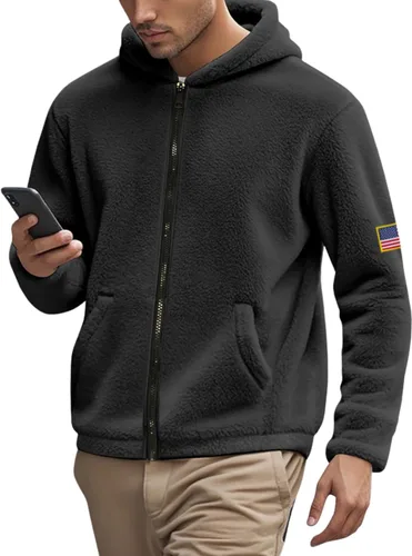 LIZALIG Chaqueta de forro polar suave con cuello alto para hombre, con cremallera completa, casual, acogedora, con bolsillos con cremallera para