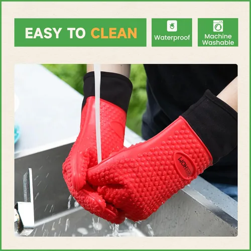 Miniatura 3 de GEEKHOM Guantes de Barbacoa Resistentes al Calor Manoplas de Horno - Guantes de Silicona para Parrilla con Protección de Brazo Largo de 14" - Rojo