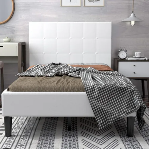 Miniatura 9 de Base de cama individual tapizada con cabecero, base de colchón de soporte de listones de madera maciza, no necesita somier y de fácil montaje, Beige