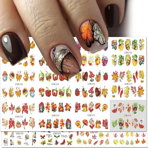Miniatura 3 de 500 patrones de calcomanías de uñas de otoño para mujer, calcomanías de agua de dibujos animados, calabaza, hongo, hoja de arce, calcomanías