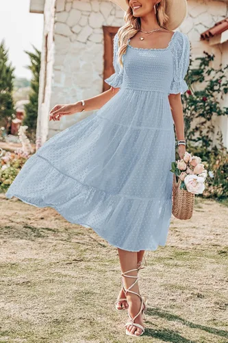 Miniatura 8 de MEROKEETY - Vestido de verano con lunares suizos para mujer vestido midi con cuello cuadrado, mangas abombadas, volados, lazo en la espalda