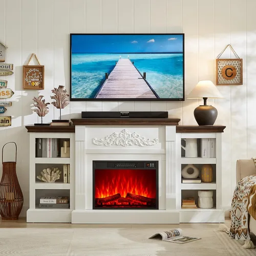 Miniatura 3 de SOOWERY Chimenea eléctrica con chimenea, soporte de TV con chimenea reemplazable y almacenamiento, centro de entretenimiento de granja