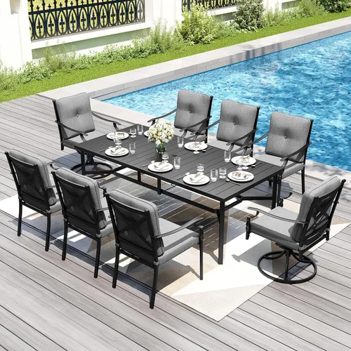 Miniatura 15 de PHI VILLA - Juego de comedor para exterior de 7 piezas para 6, mesa rectangular de acero negro con sillas fijas y giratorias de hierro, gran juego