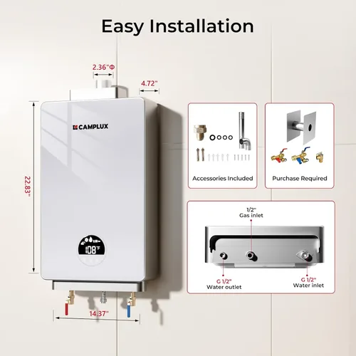 Miniatura 8 de CAMPLUX - Calentador de agua sin tanque de propano de 82,000 BTU, sistema de agua caliente instantánea de 3.18 GPM para toda la casa, uso de 2 a 3