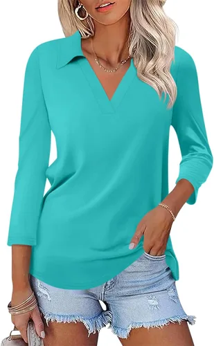 Miniatura 28 de TICTICMISS - Camisas polo de cuello en V para mujer, manga 3/4, con cuello, tops casuales de negocios, tops de verano a la moda, holgados