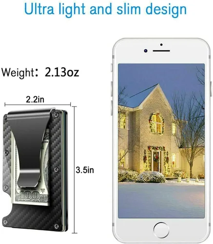 Miniatura 2 de Fibra de carbono RFID bloqueo delgado dinero clip titular de la tarjeta de metal cartera de los hombres, Fibra de carbono negra con clip para Fibra