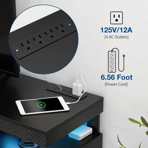 Miniatura 3 de HOMMPA Soporte de TV LED de 70 pulgadas con tomas de corriente, moderno centro de entretenimiento con luces LED para sala de estar, gabinete Negro