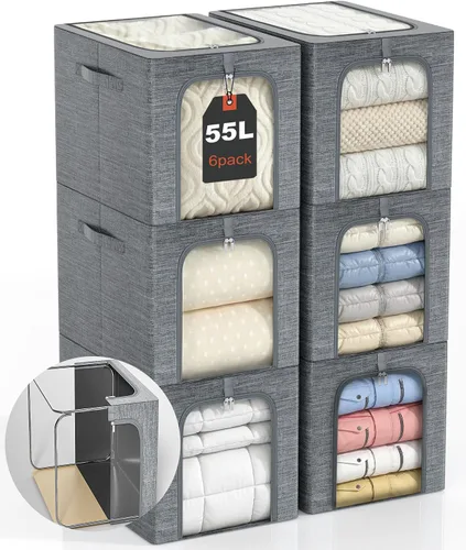 Miniatura 14 de GoMaihe Clothes Storage Bins with Metal Frame, 40L Sweater Storage Boxes for Above Shelf Closet, 4 Pack Stackable Clothing Storage Organizer with