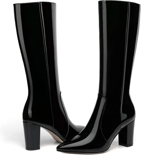 Miniatura 83 de AMBELIGHT Botas altas hasta la rodilla con cremallera y puntera puntiaguda para mujer, de patente sólida, tacón alto, 3.3 pulgadas