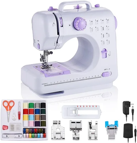 Rxmeili Máquina de coser portátil mini, máquina de coser eléctrica para principiantes, 12 puntadas integradas, 2 velocidades con pedal, luz, cajón