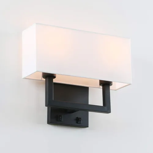 Miniatura 7 de PERMO Apliques de pared con acabado negro, doble aplique con pantallas textiles blancas y botón de encendido/apagado, lámpara de pared para sala