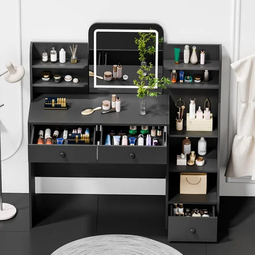 Miniatura 6 de Escritorio de tocador de maquillaje con espejo LED y estantes inclinados de 5 niveles, 7 áreas de almacenamiento abiertas y 3 cajones, tocador