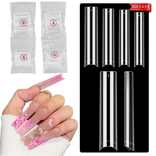 Puntas de uñas cuadradas de relleno sin curva C, puntas de uñas de gel cuadradas cónicas transparentes largas 3XL, 200 piezas (Tamaño fijo No. 3, 4,
