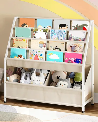 CHOEZON Estantería para niños, estantería de 4 niveles para niños, organizador de almacenamiento de libros y juguetes de gran capacidad, estante