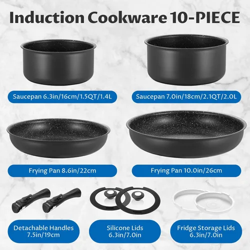 Miniatura 8 de BEZIA Juego de utensilios de cocina de inducción de 10 piezas, ollas y sartenes antiadherentes con asas extraíbles, para todas las encimeras, diseño