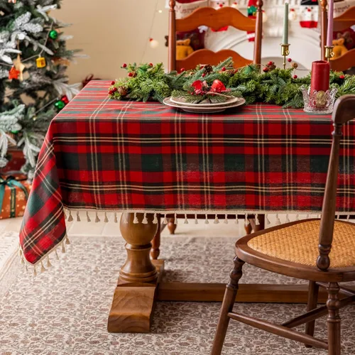 Miniatura 17 de JIALE - Mantel cuadrado de lino de algodón de cuadros Gingham con borlas, lavable, sin arrugas, mantel a cuadros de búfalo para fiesta al aire