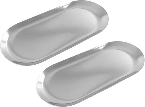 Hitefu Paquete de 2 bandejas decorativas de acero inoxidable, 7 pulgadas de largo, bandeja de almacenamiento de joyas, organizador de cosméticos