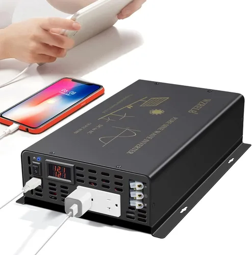 WZRELB Inversor de corriente de onda sinusoidal pura de 2500 W, 12 VCC a 120 VCA, 60 Hz, salidas de CA duales, 2 puertos USB de 2.4 A y terminal de
