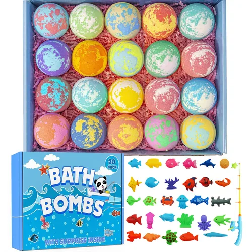 Bombas de baño para niños con juegos de pesca sorpresa en el interior para niñas y niños, juego de regalo de 20 bombas de baño para niños, bomba de