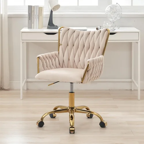 ABET Silla de Escritorio de Terciopelo con Ruedas, Bonita Silla de Oficina Giratoria Tapizada, Moderno Sillón Rodante Dorado Tejido a Mano con Beige