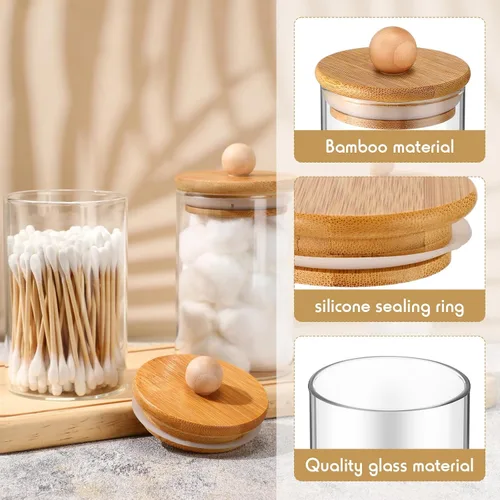 Miniatura 3 de Paquete de 6 tarros de boticario de vidrio con tapas, accesorios de baño de bambú, bolas de algodón, almohadillas para hisopos, frascos de baño