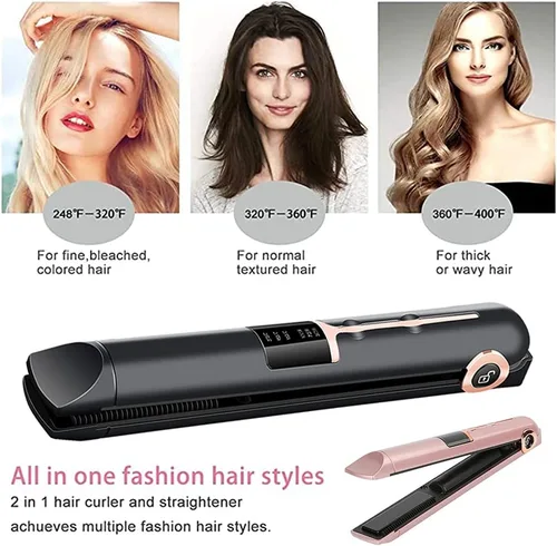 Miniatura 4 de Yinhing Alisador y rizador de pelo 2 en 1, carga USB inalámbrica, 3 temperaturas ajustables 165 185 205 con pantalla LED, para fino, medio corto
