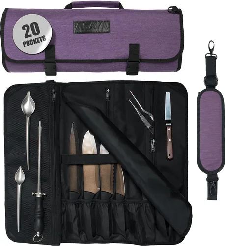 Asaya Bolsa de nailon encerado para cuchillos de chef con 20 ranuras y bolsillos con cremallera, bolsa profesional para cuchillos de chef y estuche