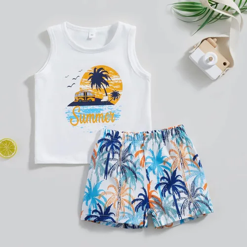 Miniatura 2 de Conjunto de pantalones cortos para niños pequeños, camiseta estampada junto al mar, 2 piezas, ropa de verano