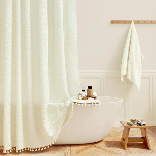 Miniatura 12 de BTTN Cortina de ducha bohemia de 36 x 72 pulgadas, con textura de hojas copetudas y borlas y 6 ganchos, cortinas de ducha modernas estilo rústico