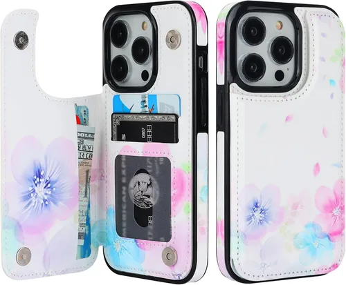 HAOPINSH Funda tipo cartera para iPhone 14 Pro con tarjetero, patrón de flores pálidas en la parte trasera, de piel sintética, con ranuras para Flor