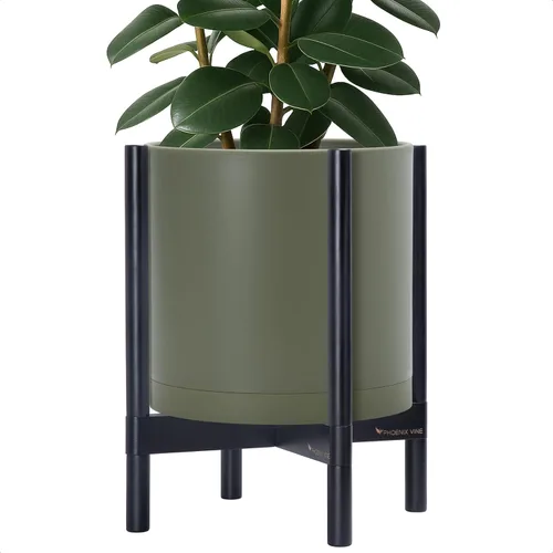 Miniatura 33 de Maceta de D'vine Dev con soporte - Maceta de flores de cilindro de plástico de 8.0 pulgadas con soporte de madera para interiores, maceta mate negra