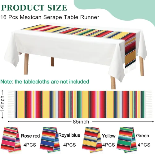Miniatura 2 de Moukeren 16 caminos de mesa de serape mexicano, 14 x 84 pulgadas, arco iris, bohemio, con flecos, de algodón, decoración de fiesta temática mexicana
