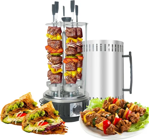 Horno Giratorio Vertical de Encimera Mejorado - Máquina de Asador Rotatorio Shawarma, Máquina de Kebab, Cuerpo de Acero Inoxidable con Puerta