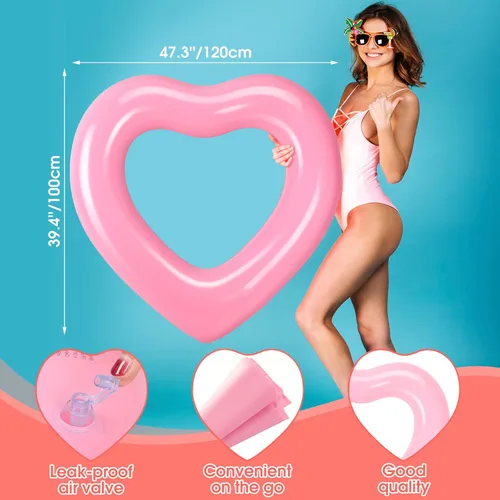 Miniatura 3 de Zhanmai 3 Pcs Inflatable Heart Pool Float 47.3 x 39.4 Inch Swim Heart Shaped Pool Rings for Adults Water Floatie Summer Swimming Tube for Beach