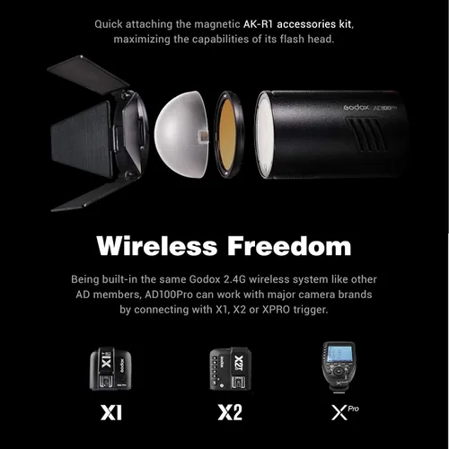 Miniatura 4 de Godox AD100Pro AD100 Pro 100Ws TTL Flash para exteriores, 2.4GHz Wireles XSystem, batería 1/8000 HSS 2600mAh 0.01-1.5s Reciclaje, con kit