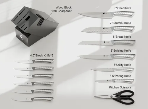 Miniatura 3 de Livtek Juego de cuchillos con bloque, juego de cuchillos de cocina alemán de acero inoxidable de alto carbono con afilador integrado, mango