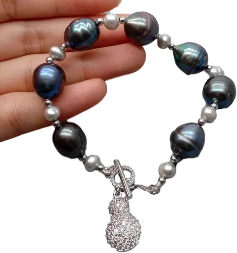 Miniatura 4 de Pulsera redonda de perlas de agua dulce cultivada de color gris arroz negro con cuentas #4341