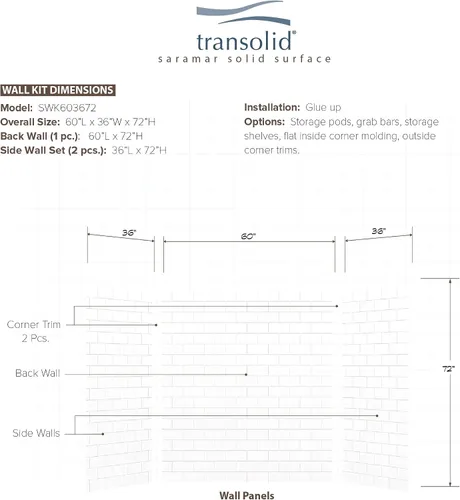 Miniatura 4 de Transolid SWK603672-21 SaraMar - Kit de pared de ducha de 3 piezas, 36 x 60 x 72 pulgadas, color blanco