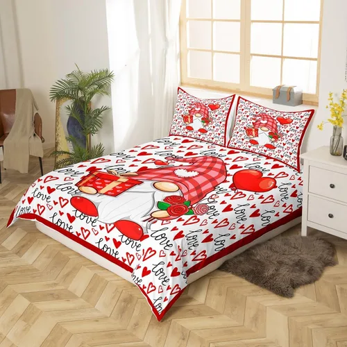 Miniatura 3 de Juego de funda de edredón de gnomo lindo para el día de San Valentín, tamaño individual, juego de ropa de cama con estampado de corazón rojo